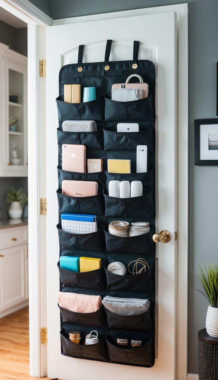 An over-the-door organizer filled with neatly arranged items, creating a sense of spaciousness in a clutter-free room