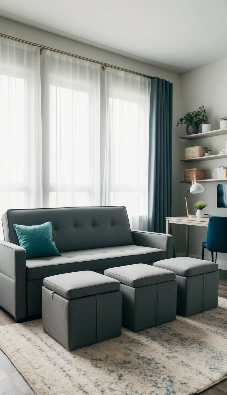 A room with a convertible sofa bed, foldable tables, and storage ottomans neatly arranged to maximize space