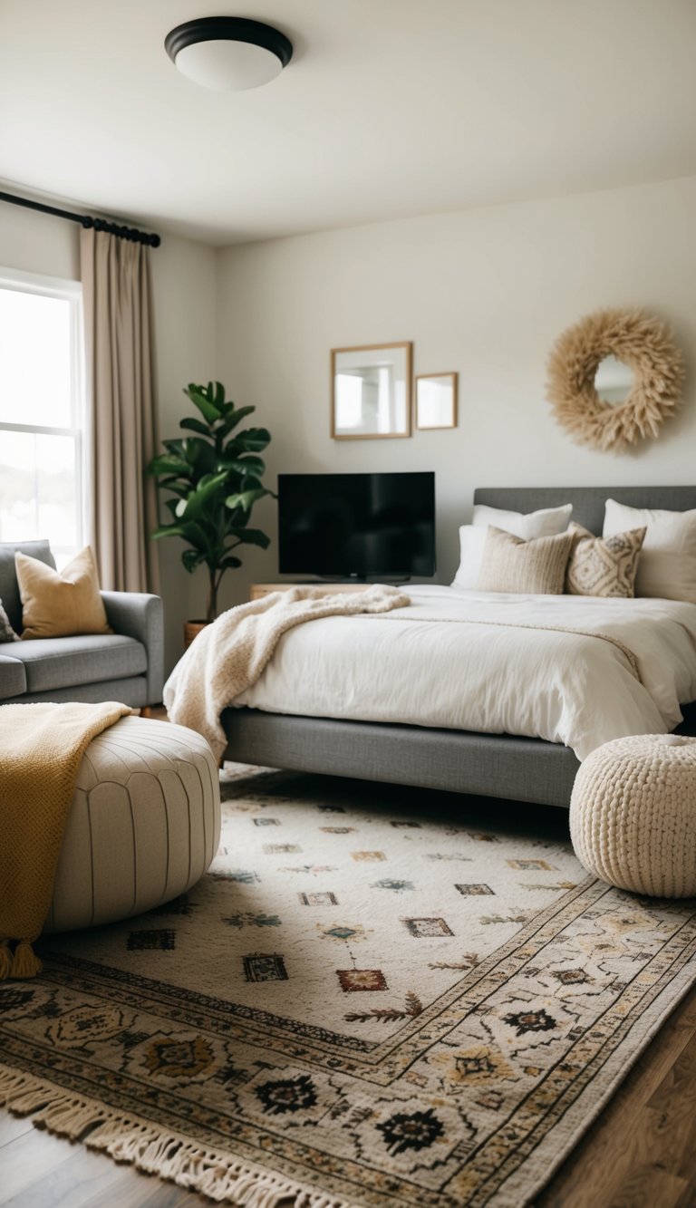 A cozy living room with a wool rug adding durability and a cotton rug bringing softness to the bedroom