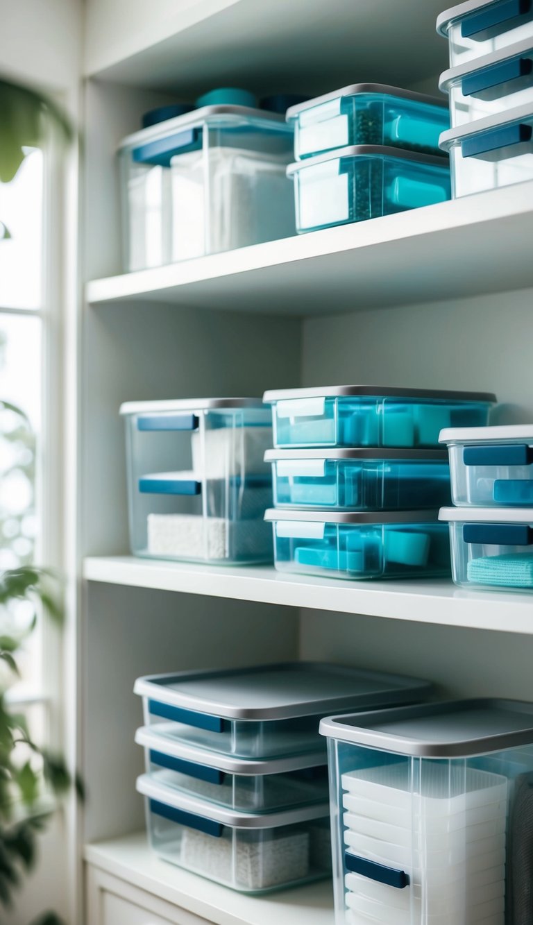 Clear storage containers neatly arranged on shelves, creating a sense of order and spaciousness in a well-organized home