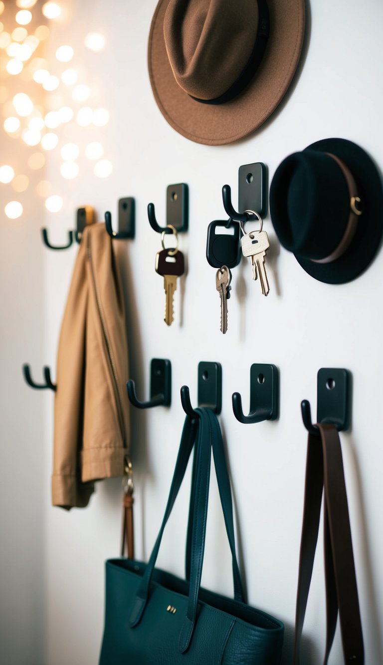 Several wall-mounted hooks holding various items, such as keys, hats, and bags, creating a sense of organization and tidiness in a small space