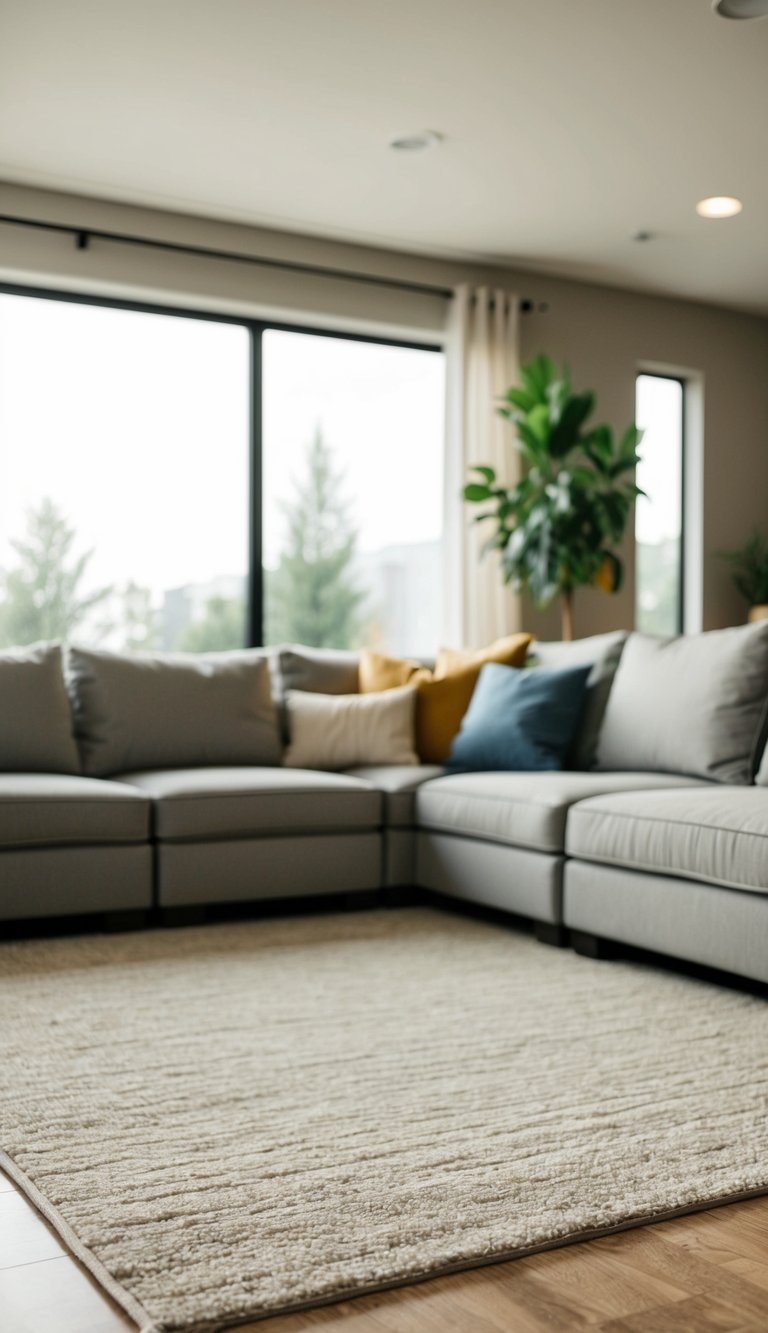 A busy living room with a durable, low-pile rug in a neutral color, positioned to accommodate heavy foot traffic