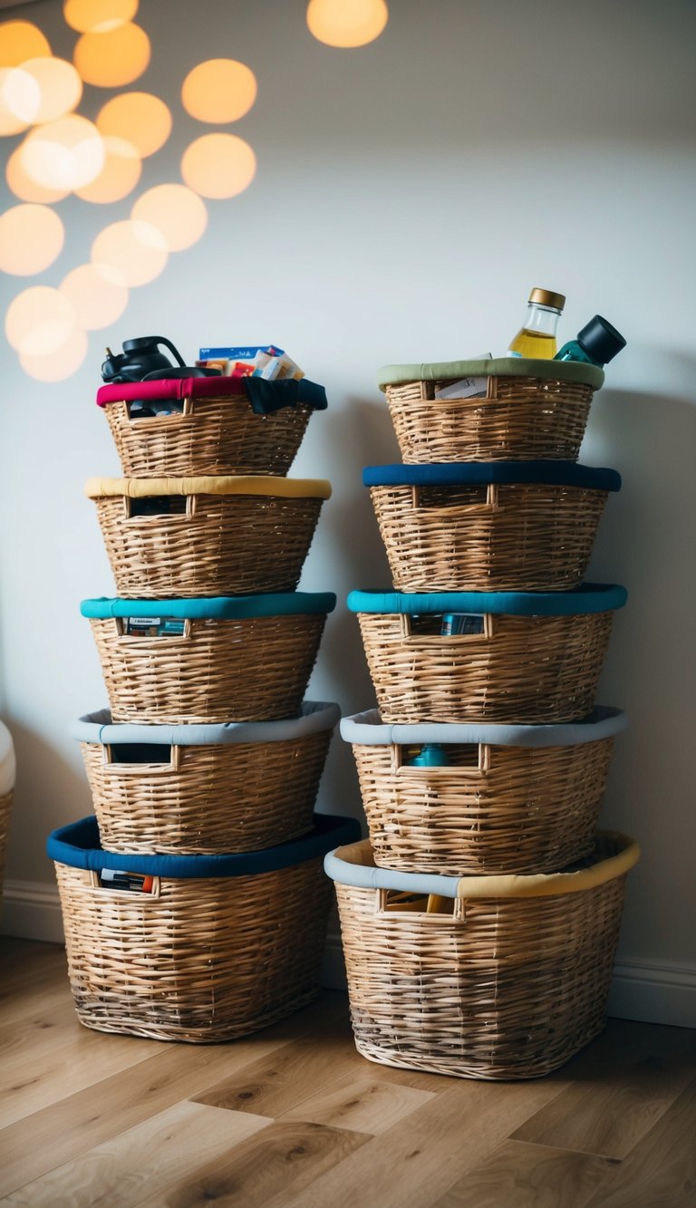 Several stackable baskets neatly arranged, each filled with various items, creating a sense of organized space and easy home organization