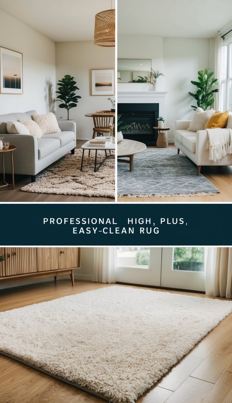 A cozy living room with a low-pile rug, a dining area with a stain-resistant rug, and a bedroom with a plush, easy-clean rug