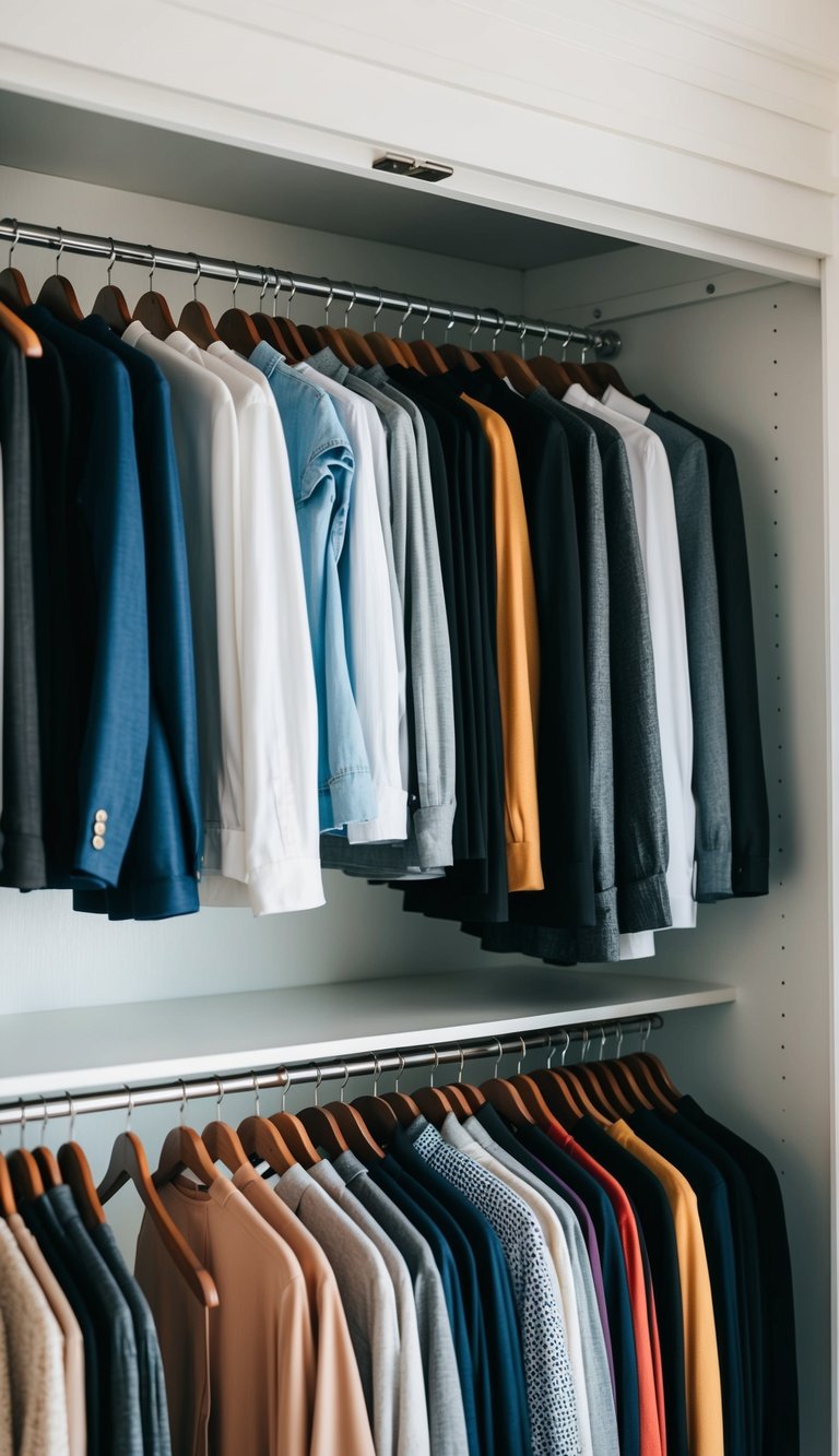 A closet with slim hangers neatly organizing clothes, creating an open and spacious feel in the room