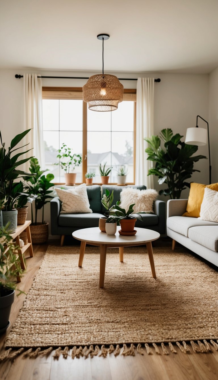 A cozy living room with a jute rug, natural light, and potted plants