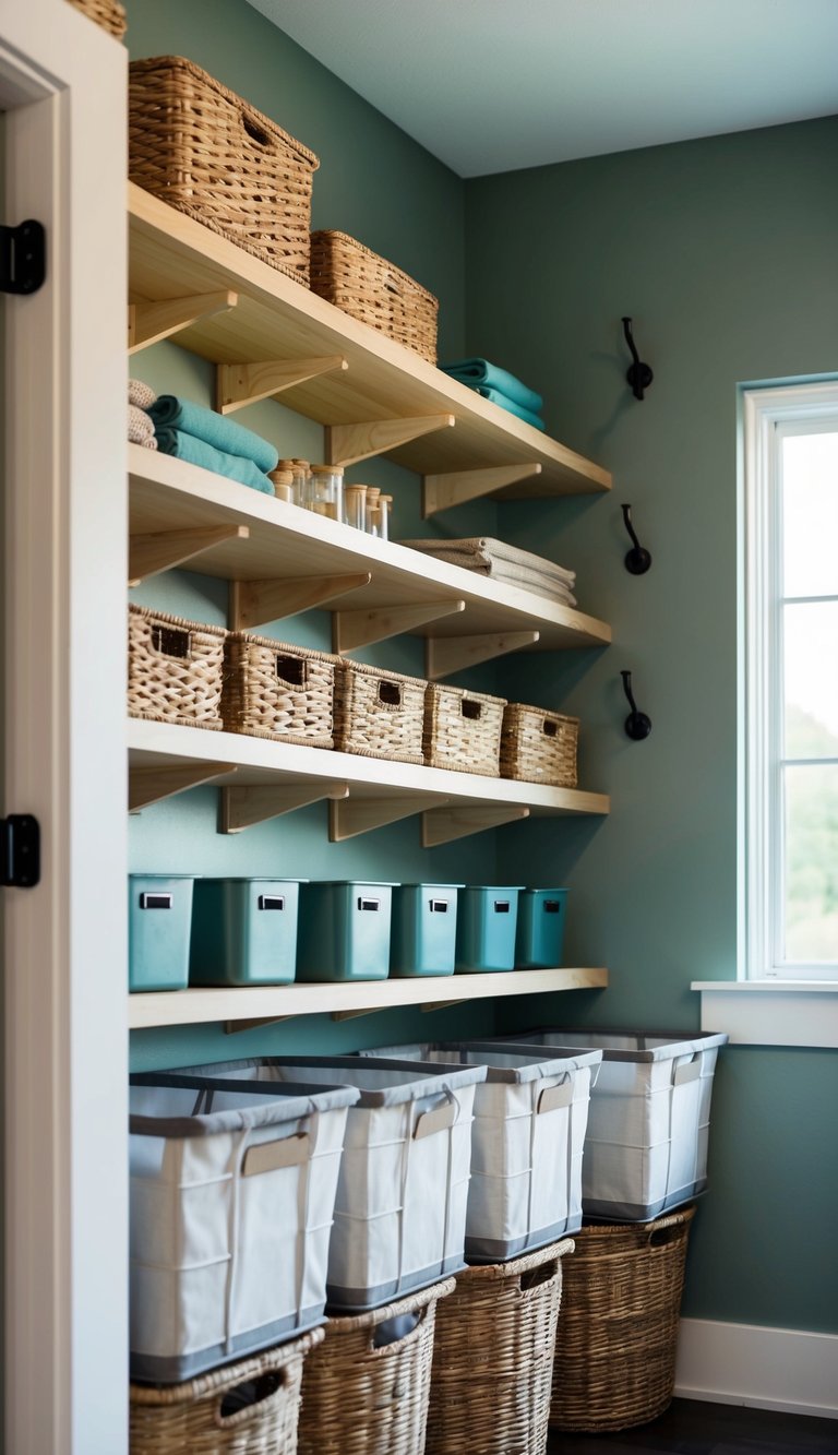 Shelves and hooks mounted high on walls, with neatly stacked bins and baskets, creating an organized and spacious look