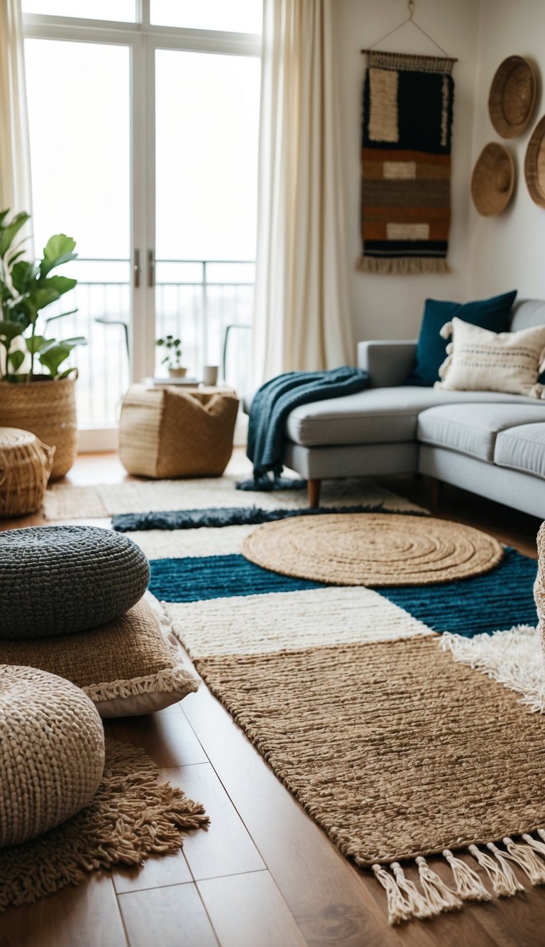 A cozy living room with a variety of rugs displayed on the floor, each made from different materials such as wool, cotton, and jute