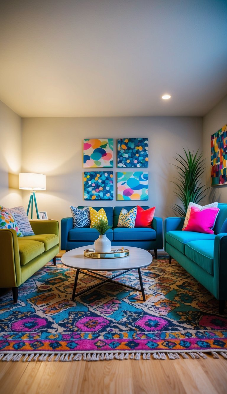 A cozy living room with a patterned rug under a modern coffee table, surrounded by colorful accent furniture and vibrant wall art