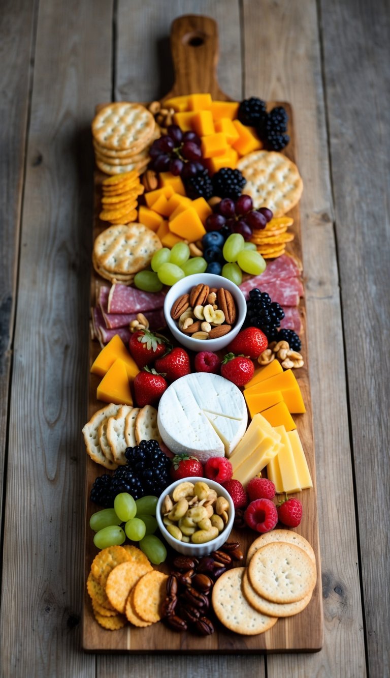 A rustic wooden board adorned with an array of colorful fruits, cheeses, meats, nuts, and crackers, arranged in an artful and visually appealing manner