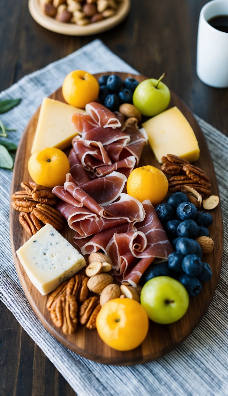 A wooden charcuterie board filled with prosciutto, cheeses, fruits, and nuts, arranged in a visually appealing and aesthetically pleasing manner