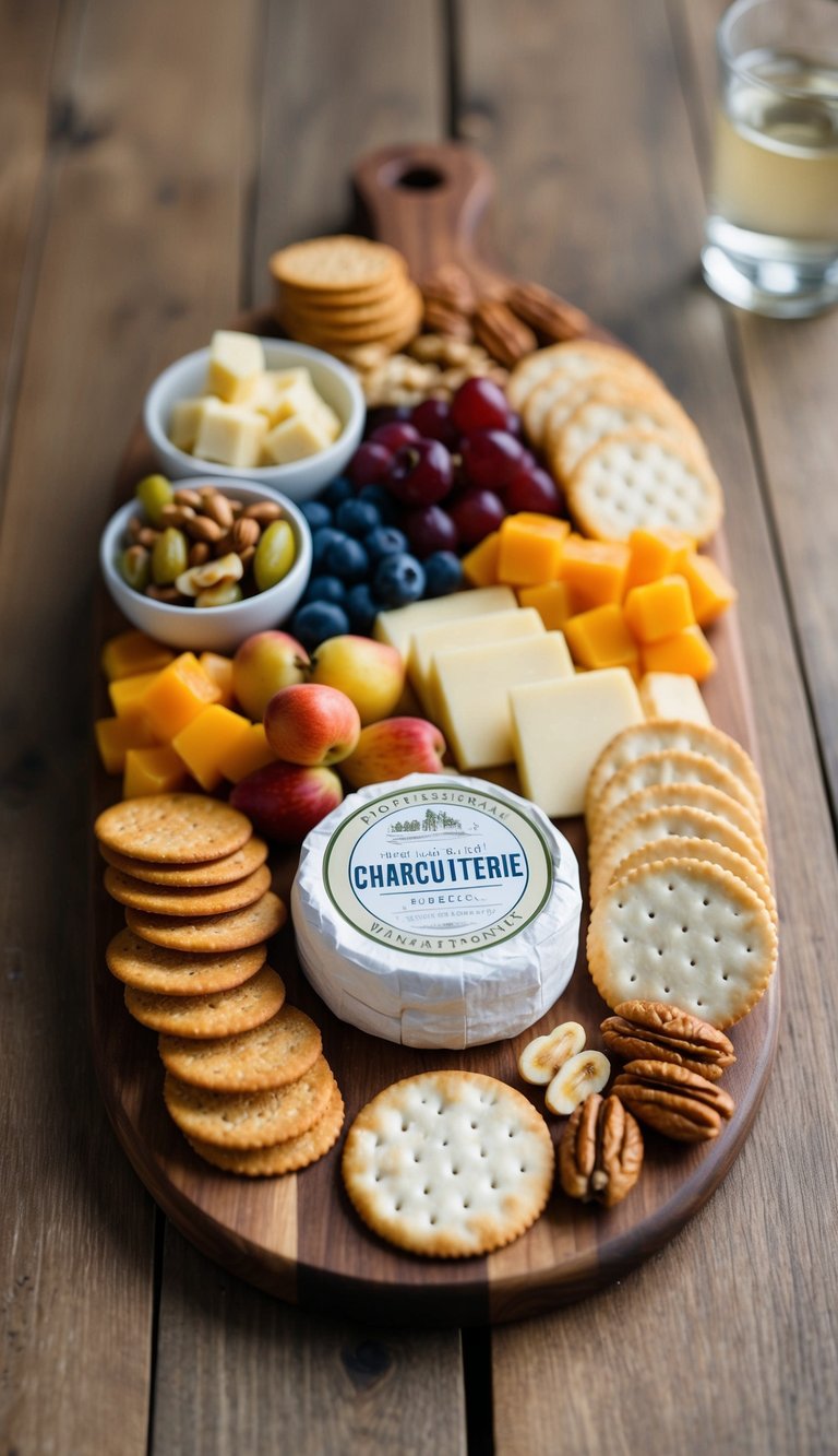 A wooden charcuterie board with assorted Brie cheese, crackers, fruits, and nuts arranged in an aesthetically pleasing manner