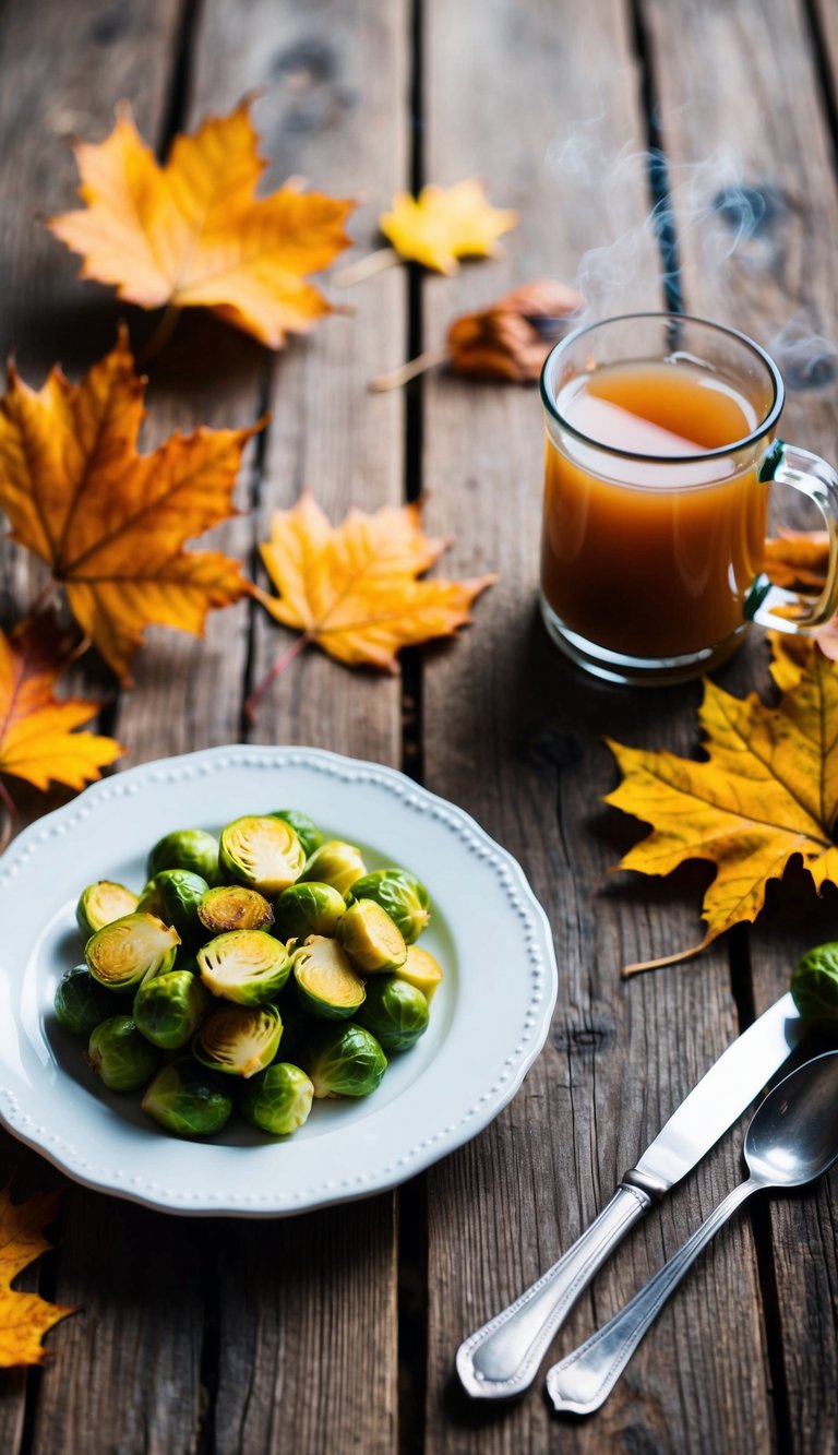 A rustic wooden table set with a white plate of maple-glazed brussel sprouts surrounded by autumn leaves and a steaming mug of hot cider