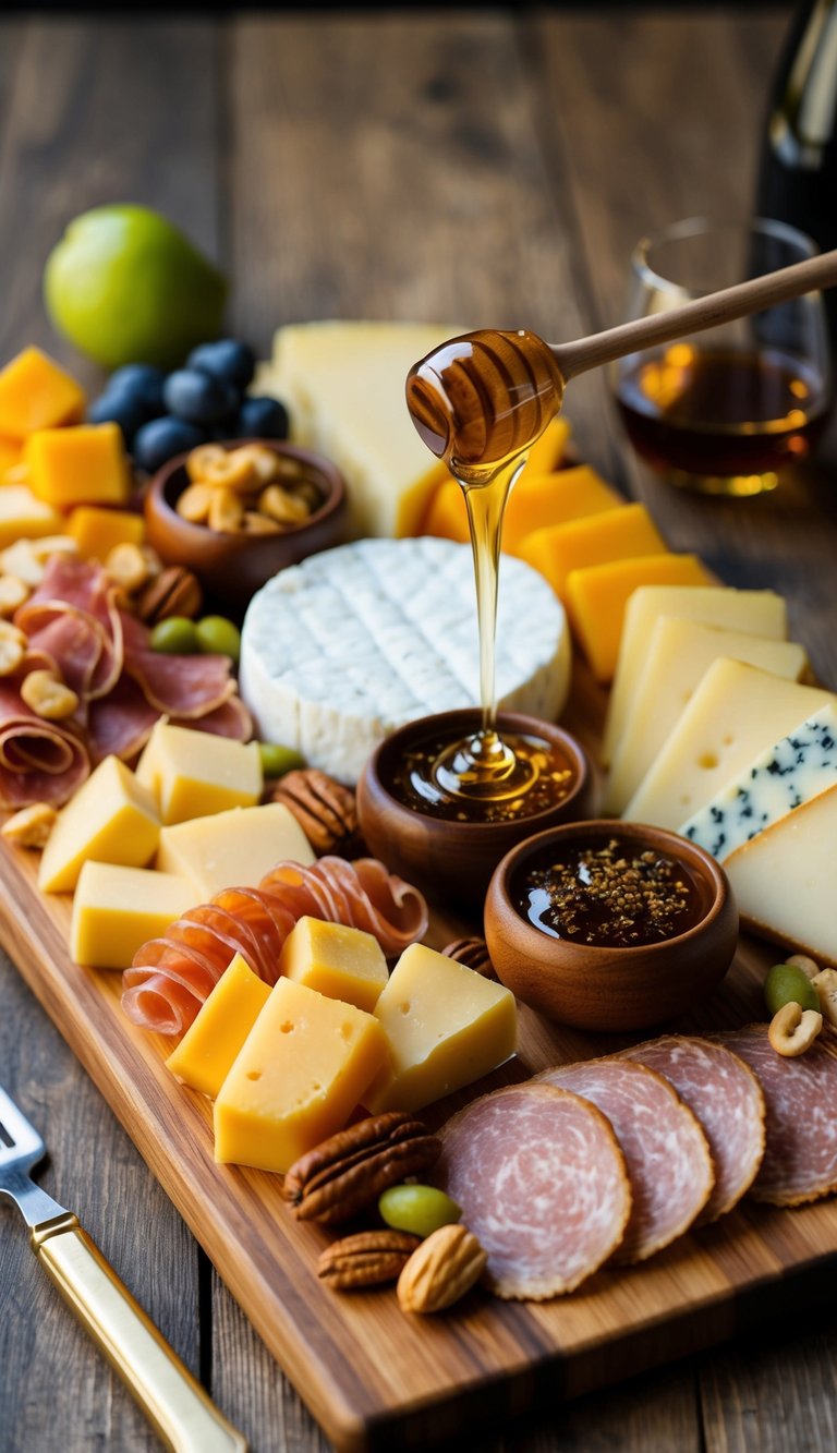 A wooden charcuterie board adorned with a variety of cheeses, meats, fruits, nuts, and drizzled with truffle honey