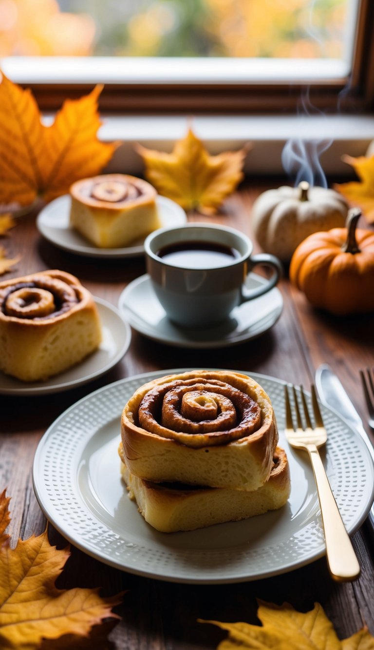 A warm, cozy kitchen table set with a plate of cinnamon roll French toast, surrounded by autumn leaves and a steaming cup of coffee
