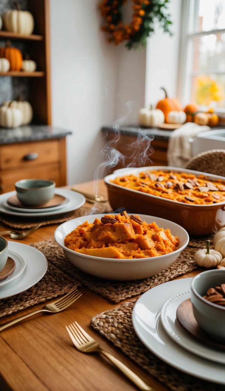 A warm and inviting kitchen table set with a steaming sweet potato casserole surrounded by cozy fall decor