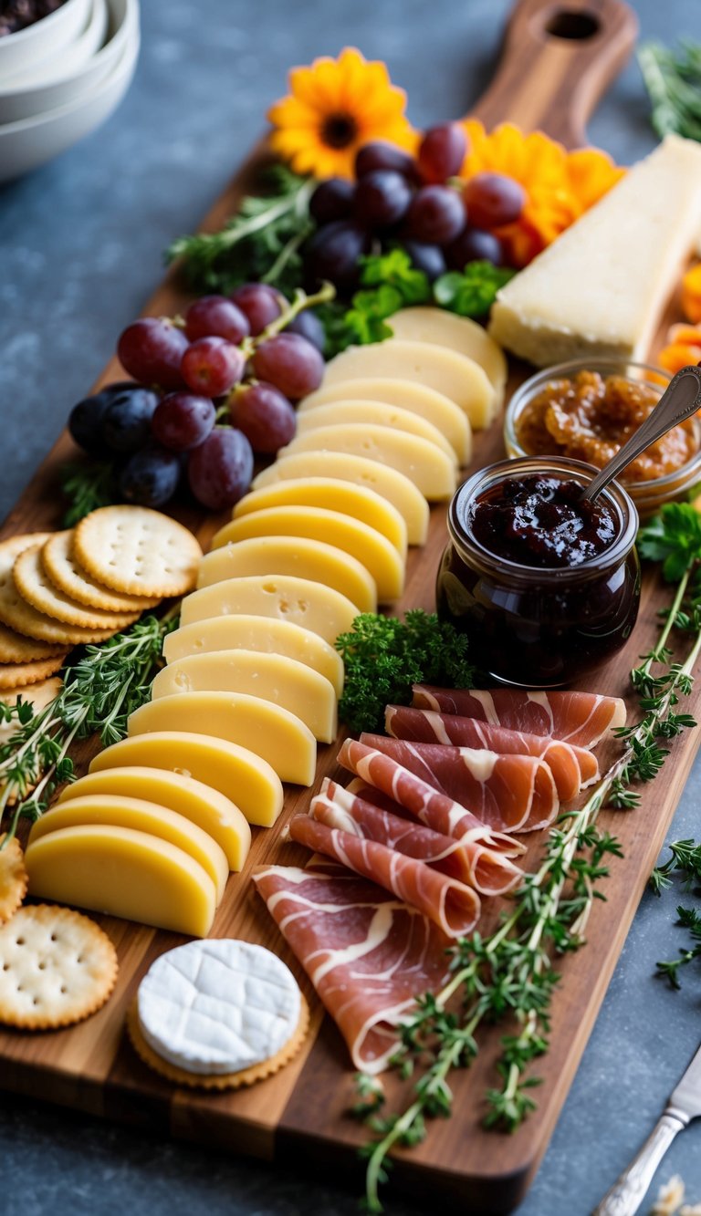 A wooden charcuterie board with neatly arranged slices of prosciutto, assorted cheeses, fig jam, grapes, and crackers, surrounded by fresh herbs and flowers