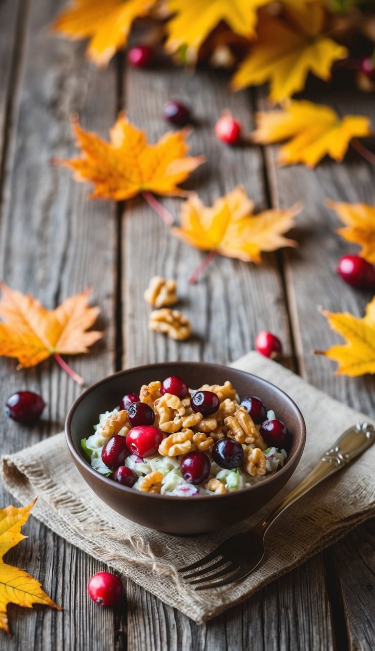 A rustic wooden table with a bowl of vibrant cranberry walnut salad surrounded by autumn leaves and a warm, cozy atmosphere