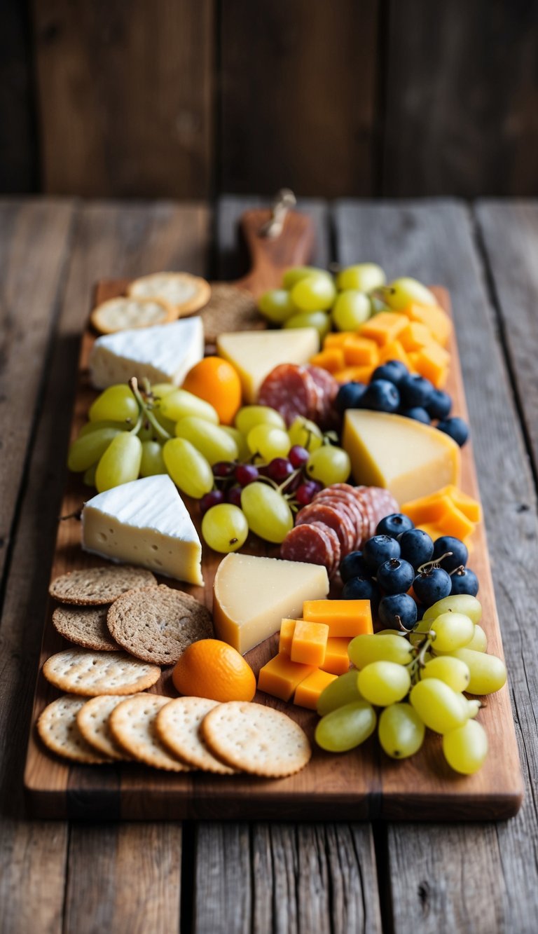 A rustic wooden board adorned with an array of cornichons, cheeses, cured meats, fruits, and crackers, arranged in a visually appealing and balanced manner