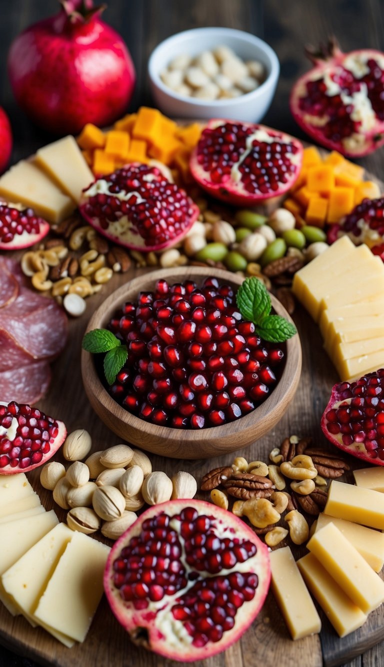 A rustic wooden charcuterie board adorned with vibrant pomegranate seeds, surrounded by an array of carefully arranged meats, cheeses, fruits, and nuts