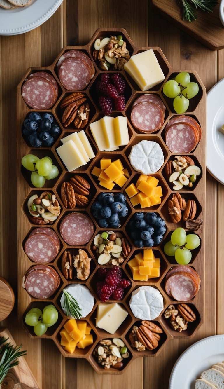 A wooden honeycomb-shaped board adorned with an array of carefully arranged meats, cheeses, fruits, nuts, and garnishes, all artfully styled with an aesthetic touch
