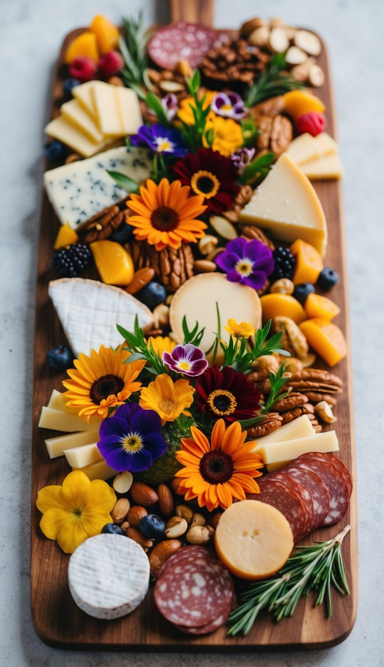 A wooden board adorned with a variety of colorful edible flowers, arranged alongside an assortment of cheeses, fruits, nuts, and meats