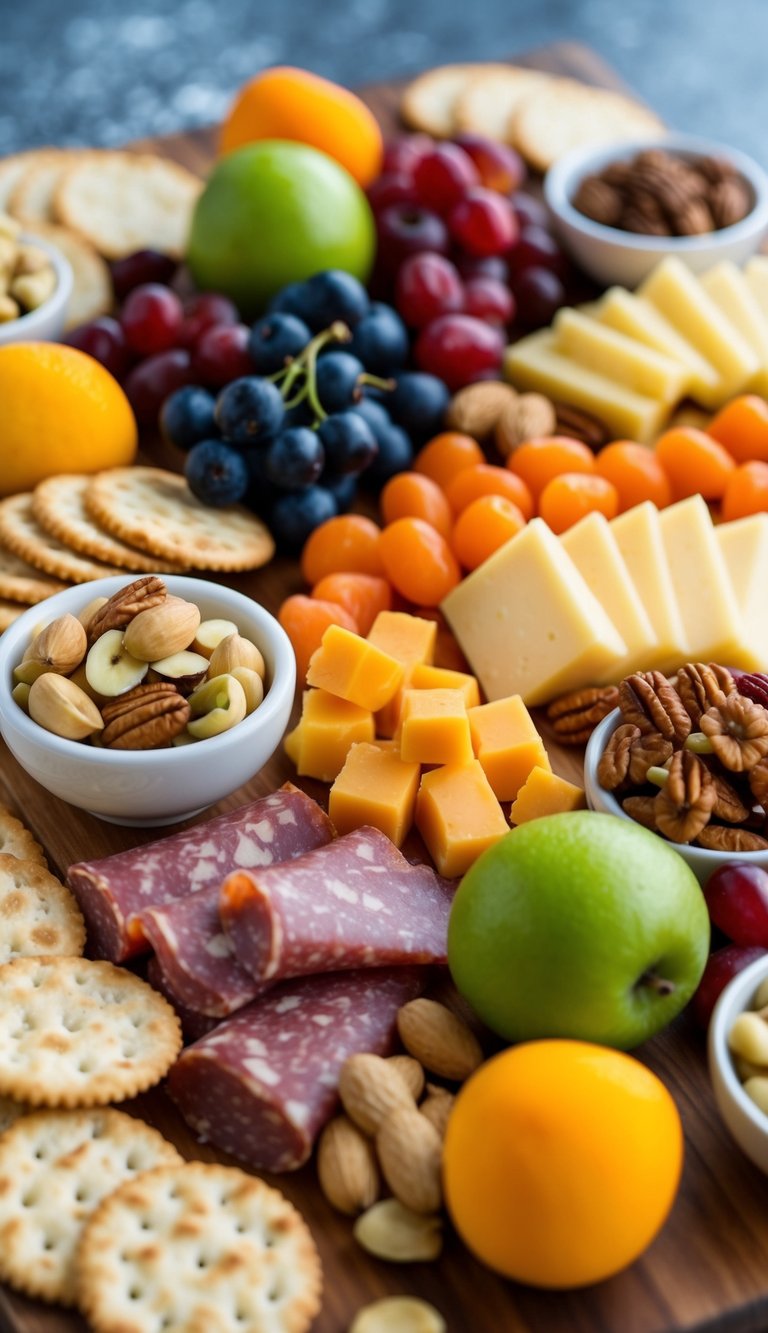 A wooden charcuterie board with an array of colorful fruits, cheeses, cured meats, nuts, and crackers arranged in an aesthetically pleasing manner