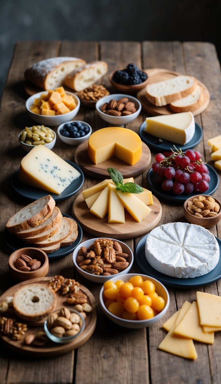 A rustic wooden table with an assortment of cheeses, meats, fruits, nuts, and bread arranged in an artful and visually appealing manner