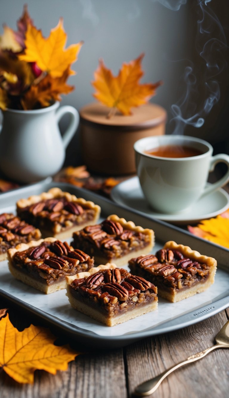 A cozy kitchen scene with a tray of pecan pie bars surrounded by autumn leaves and a warm cup of tea