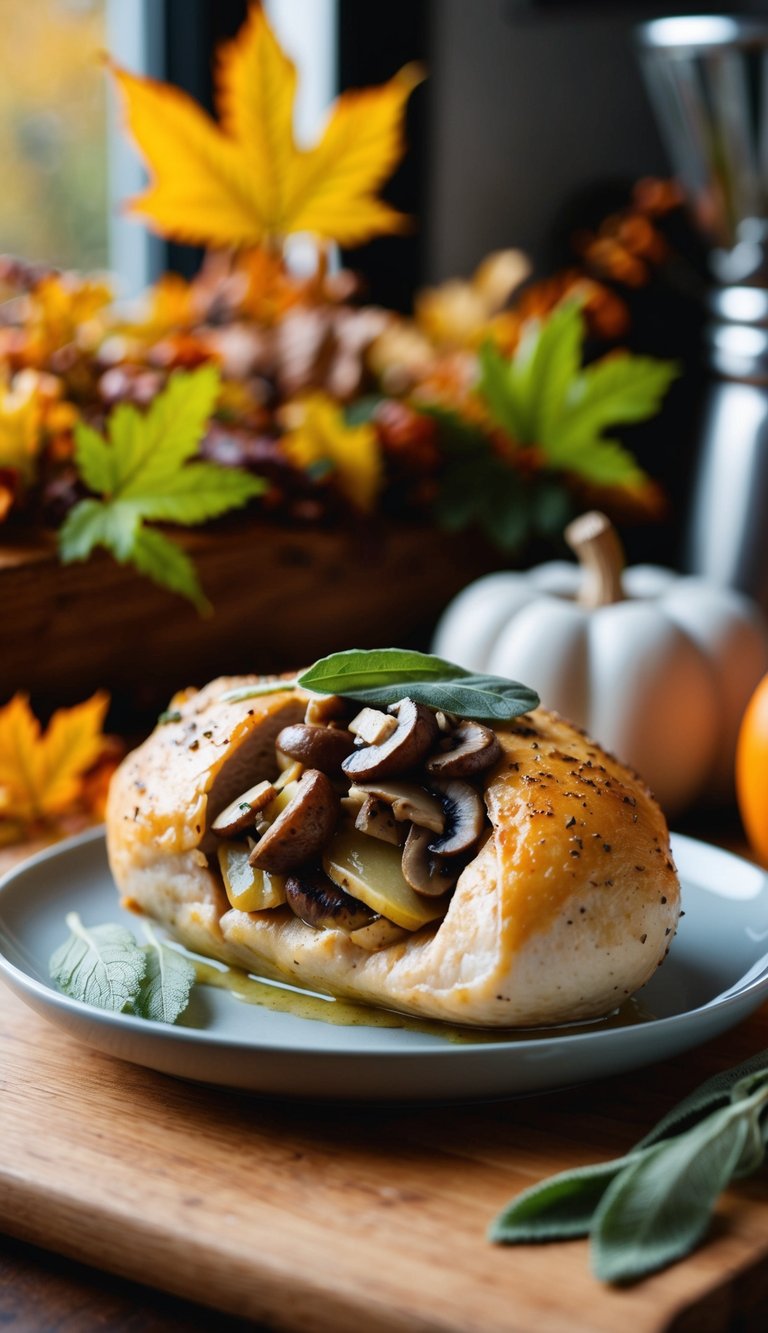 A plump chicken breast, stuffed with savory mushrooms and sage, surrounded by autumn foliage and a cozy kitchen setting