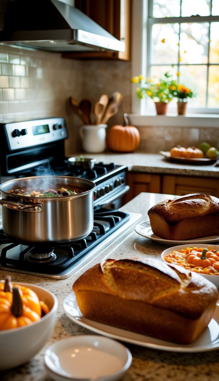 A cozy kitchen scene with a pot simmering on the stove, a warm loaf of bread on the counter, and a table set with comforting fall dishes