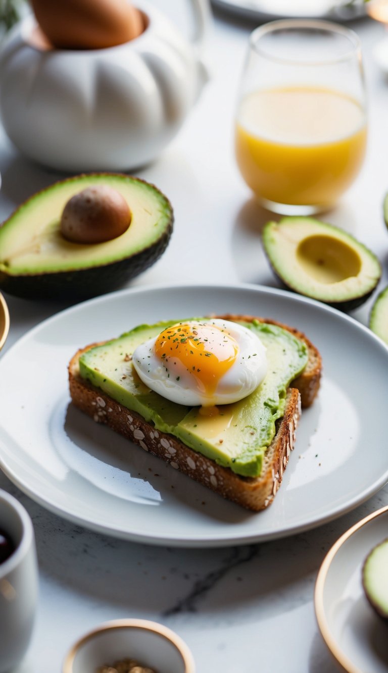 A slice of avocado toast with a poached egg on top, surrounded by elegant brunch decor
