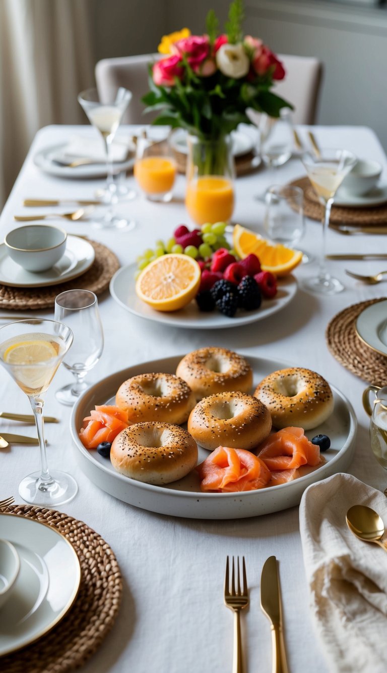 A table set with a platter of smoked salmon bagels, fresh fruit, and elegant tableware for a brunch gathering at home