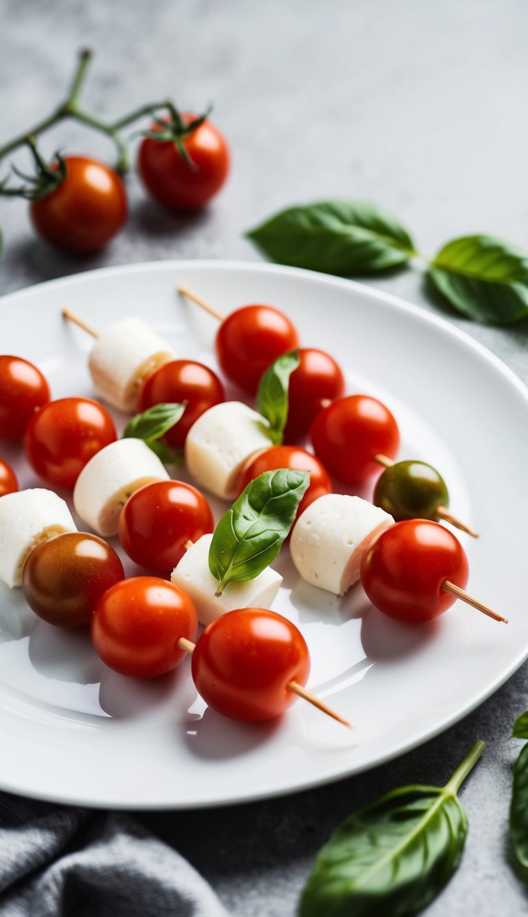 A white plate with skewers of cherry tomatoes, mozzarella, and basil leaves arranged in an elegant and simple pattern
