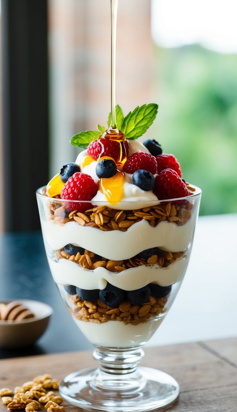 A glass parfait dish filled with layers of creamy yogurt, fresh berries, and granola, topped with a drizzle of honey and a sprig of mint