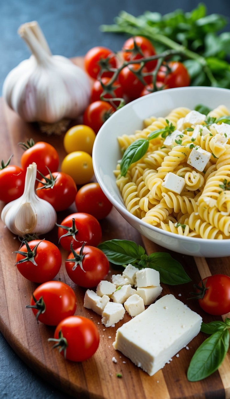 A colorful array of ingredients like cherry tomatoes, garlic, and feta cheese, arranged on a wooden cutting board with a bowl of pasta