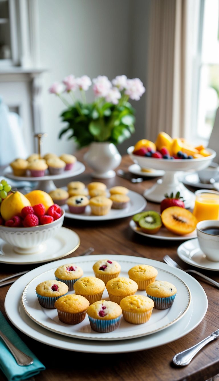 A table set with a variety of mini muffins, fresh fruit, and elegant tableware for a home brunch gathering