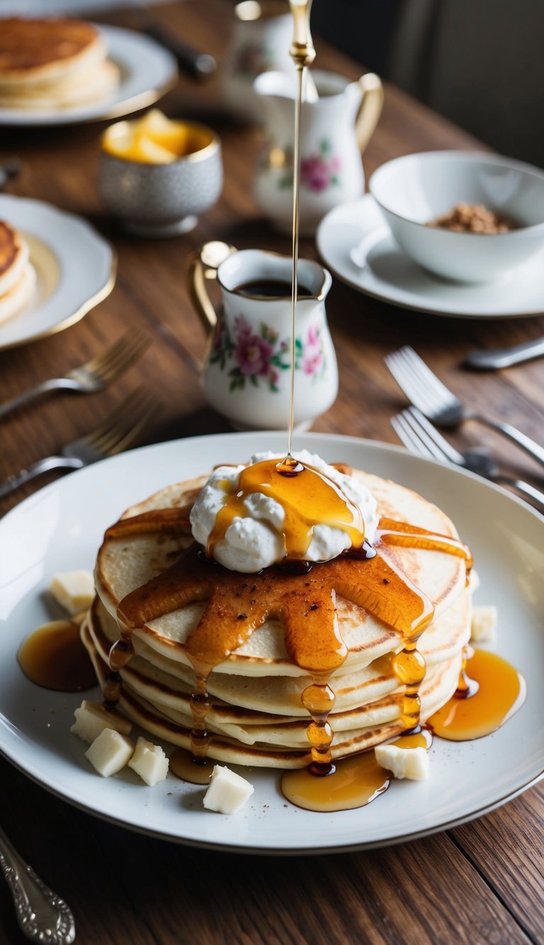 A plate of ricotta pancakes drizzled with maple syrup on a wooden table, surrounded by elegant brunch dishes and decorative tableware