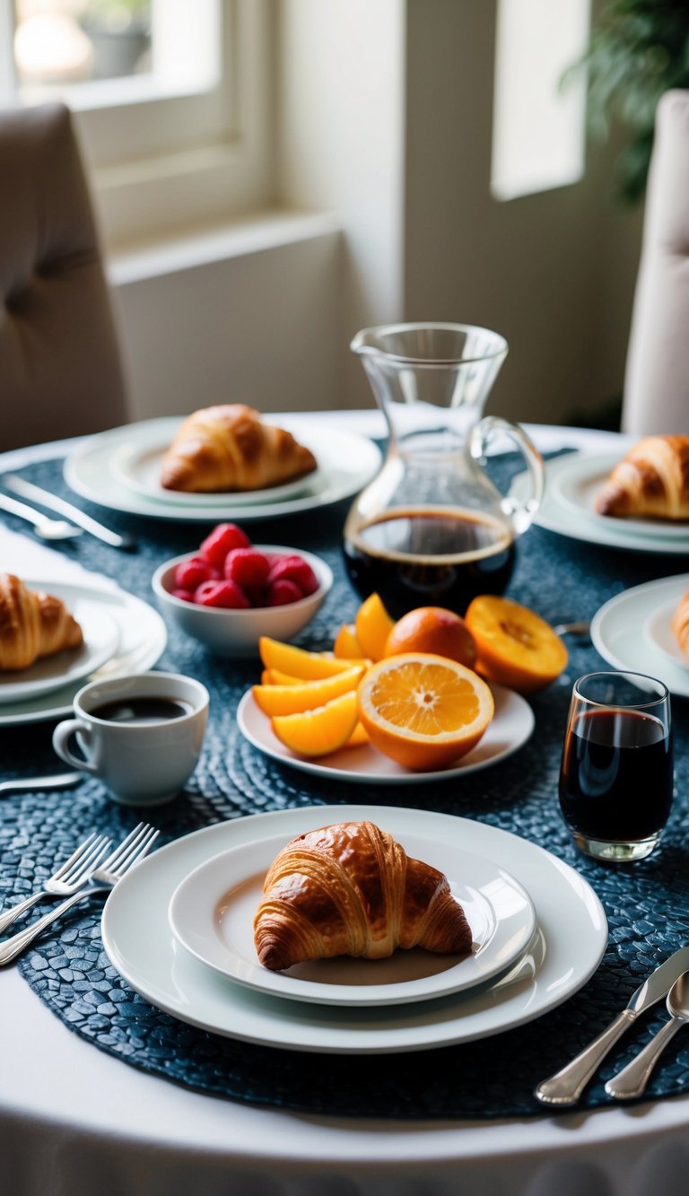 A table set with a variety of elegant brunch items, including almond croissants, fresh fruit, and a carafe of coffee