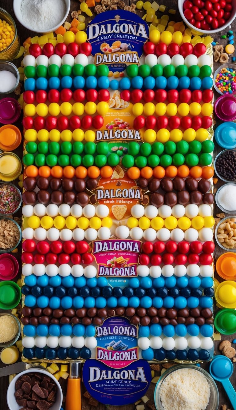 A colorful array of Dalgona candy creations arranged in a visually appealing pattern, surrounded by various ingredients and utensils