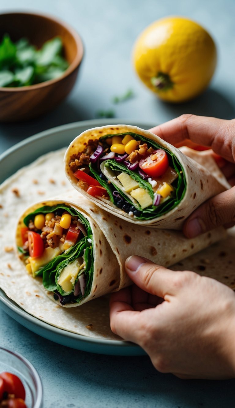 A tortilla wrap being folded and filled with various ingredients in a visually appealing manner