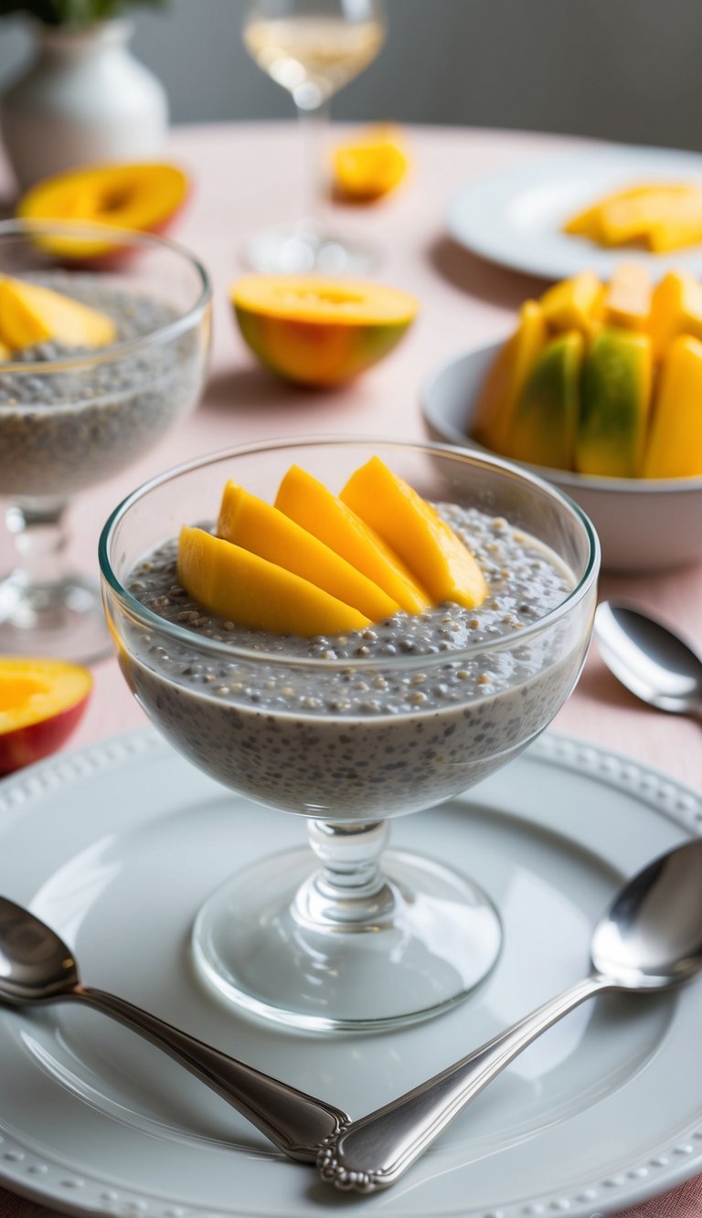 A glass bowl of chia seed pudding topped with slices of ripe mango, surrounded by elegant brunch table setting