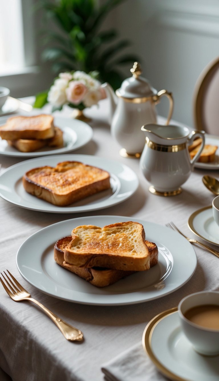 A table set with a plate of golden-brown sourdough French toast, accompanied by elegant brunch dishes and decor