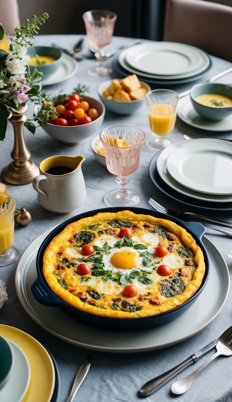 A table set with a colorful Mediterranean frittata surrounded by elegant brunch dishes and decor