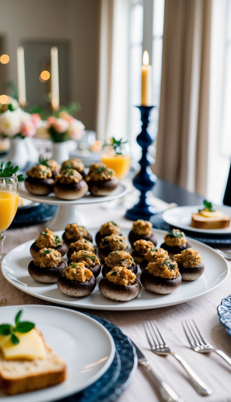 A table set with a platter of stuffed mushrooms, surrounded by elegant brunch dishes and decor