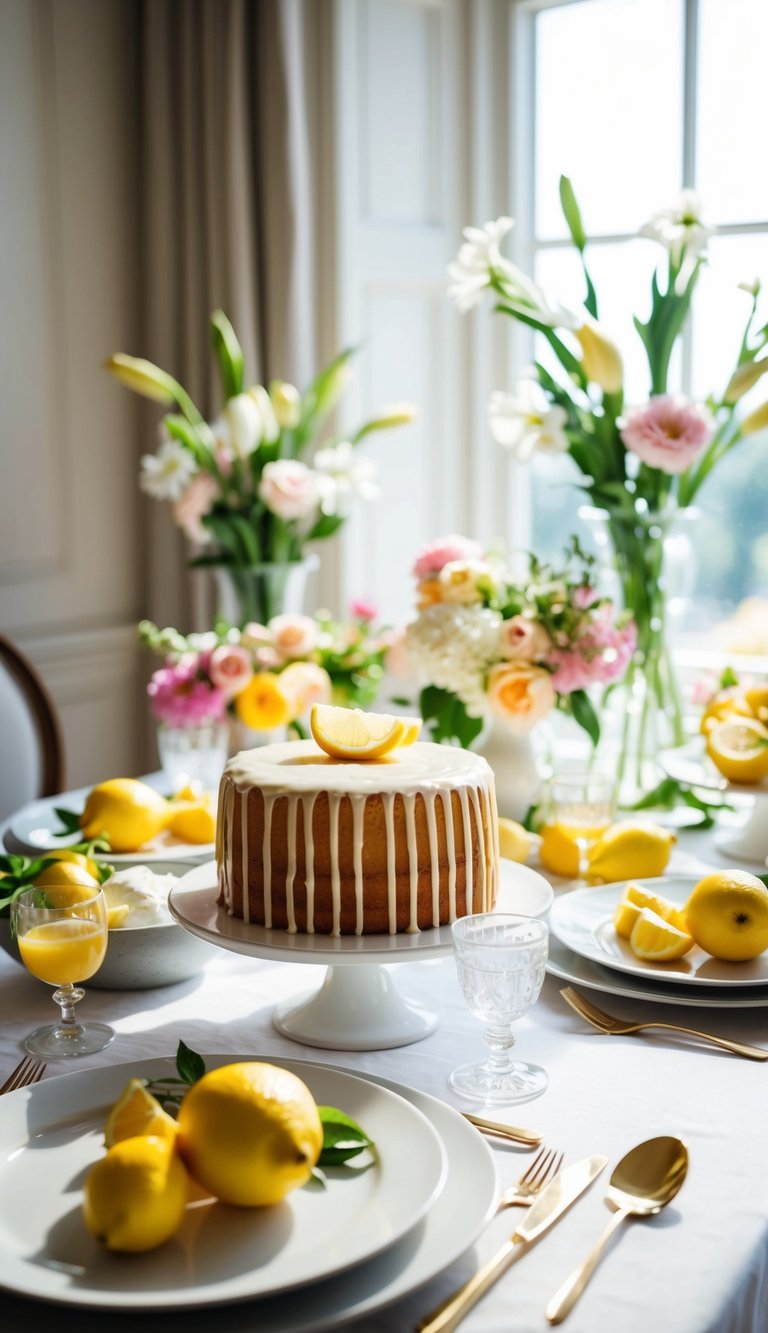 A table set with a lemon drizzle cake, fresh fruit, and elegant brunch dishes, surrounded by flowers and sunlight streaming through a window