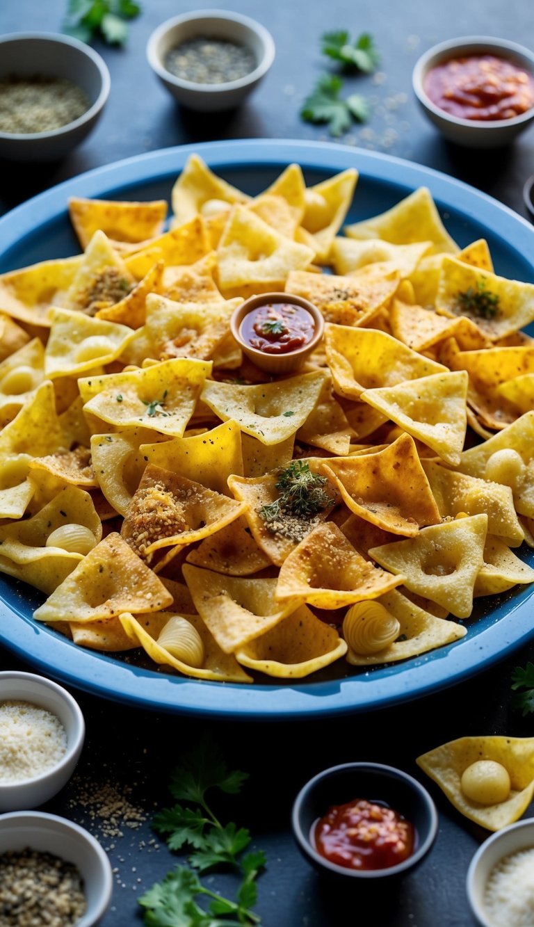 A colorful array of pasta chips arranged on a serving platter, surrounded by various seasonings and sauces