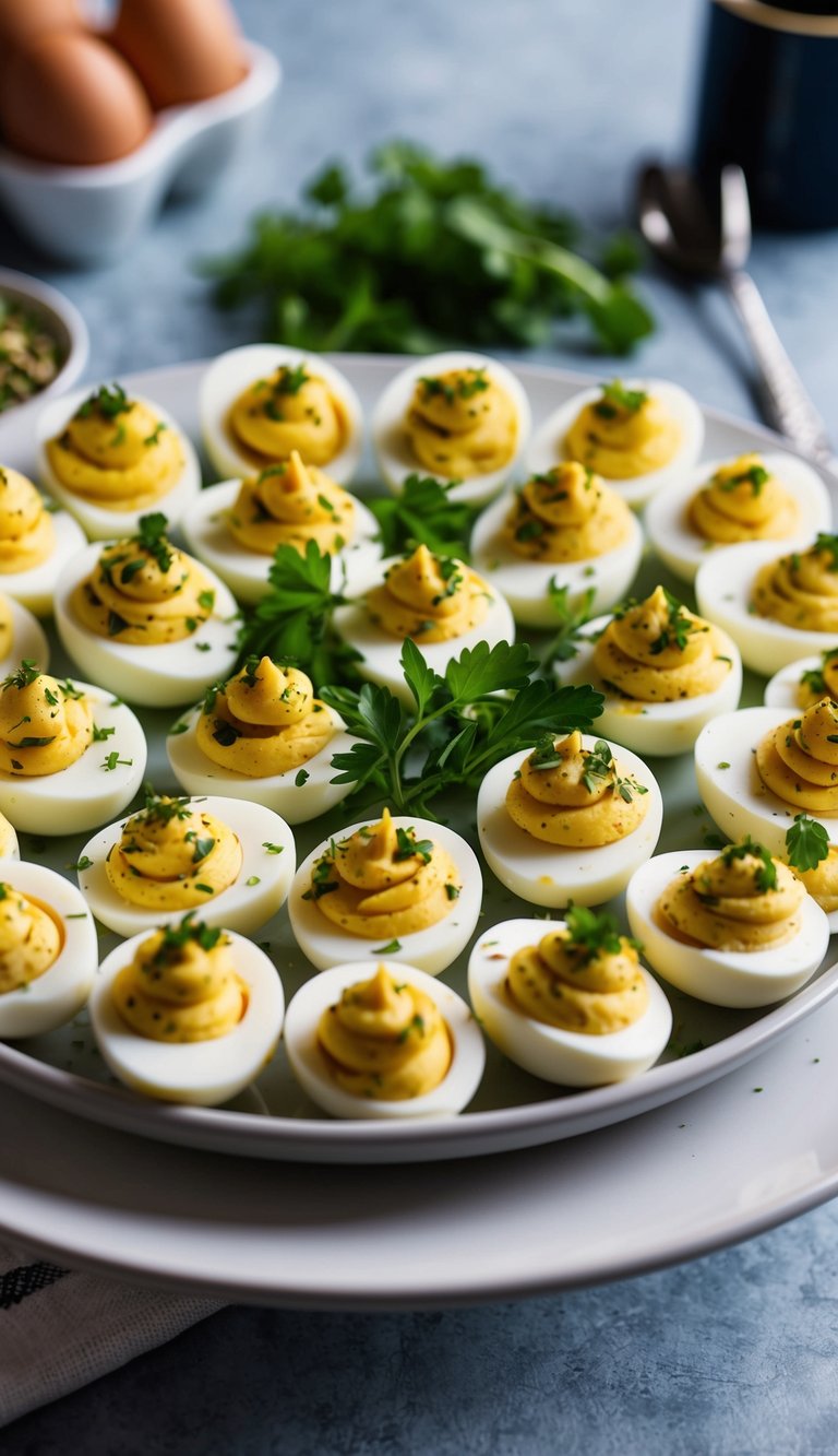 A platter of deviled eggs garnished with fresh herbs and arranged elegantly on a serving dish