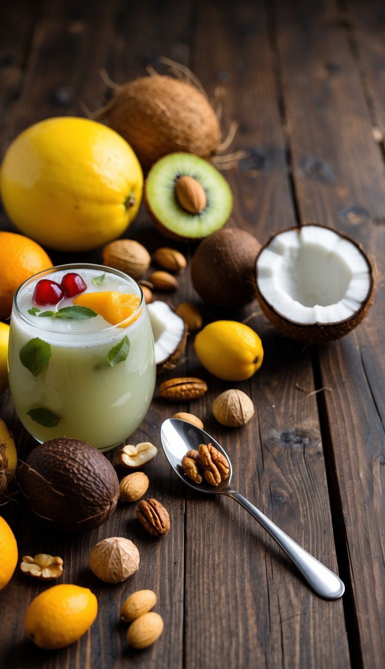A wooden table covered in various fruits, nuts, and coconut water, with a spoon resting on the side