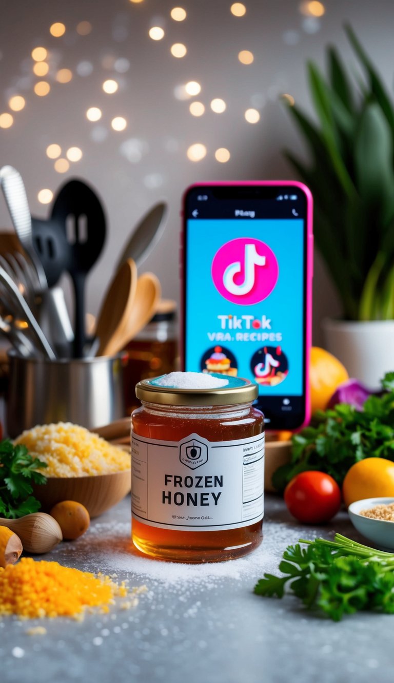 A jar of frozen honey surrounded by colorful ingredients and kitchen utensils, with a smartphone displaying viral TikTok recipes in the background